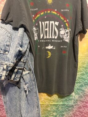 Vans Black Tee with Rainbow Skull Graphic